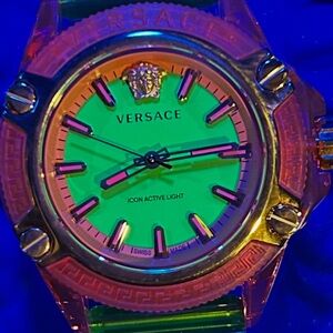 Versace Neon Green Dial Watch with Pink Accents. Unisex